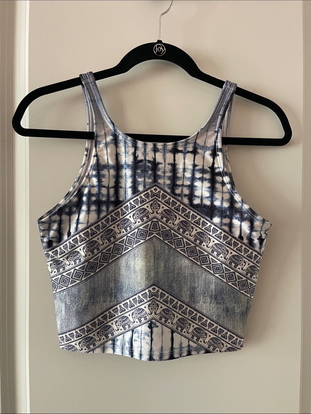 Terez Cropped Tie-Dye Style Chevron with Elephants Tank Top - Blue and White
